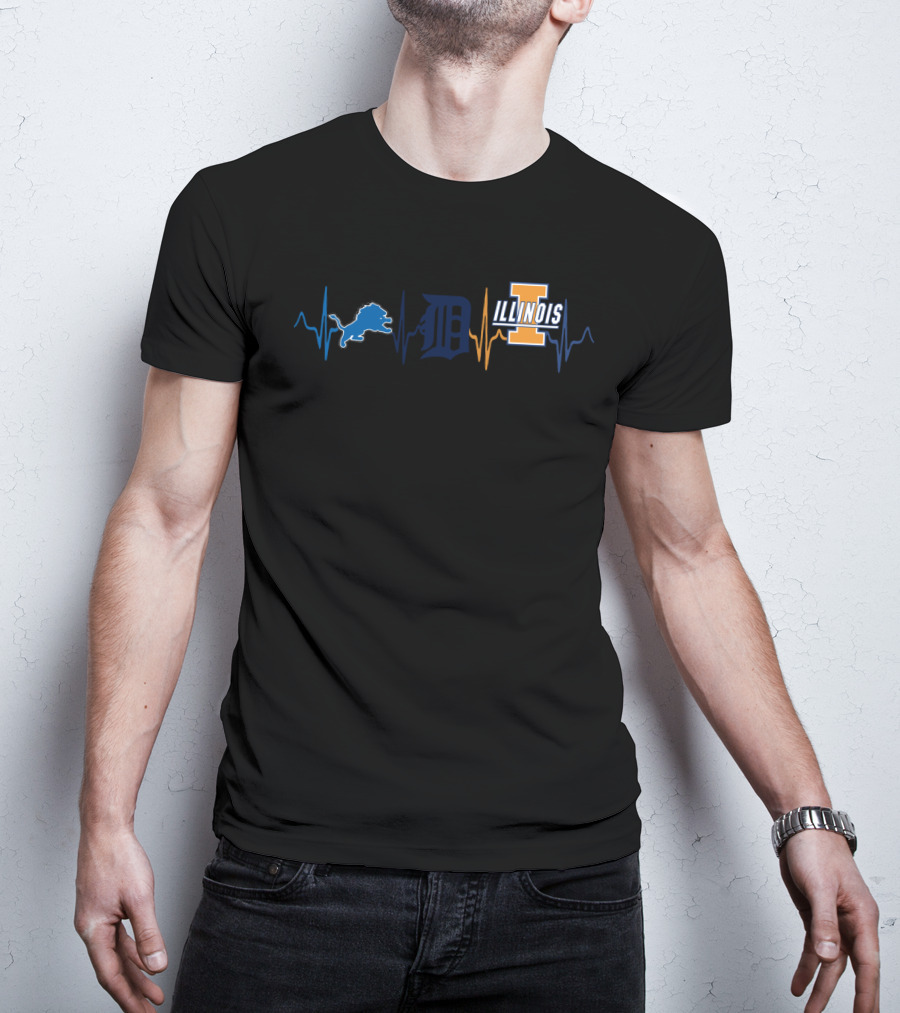 Detroit Lions Detroit Tigers Illinois Fighting Illini Heartbeat T-Shirt