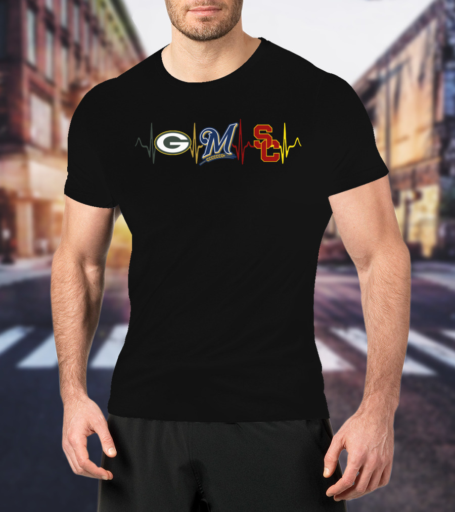 Green Bay Packers Milwaukee Brewers Usc Trojans Heartbeat T-Shirt