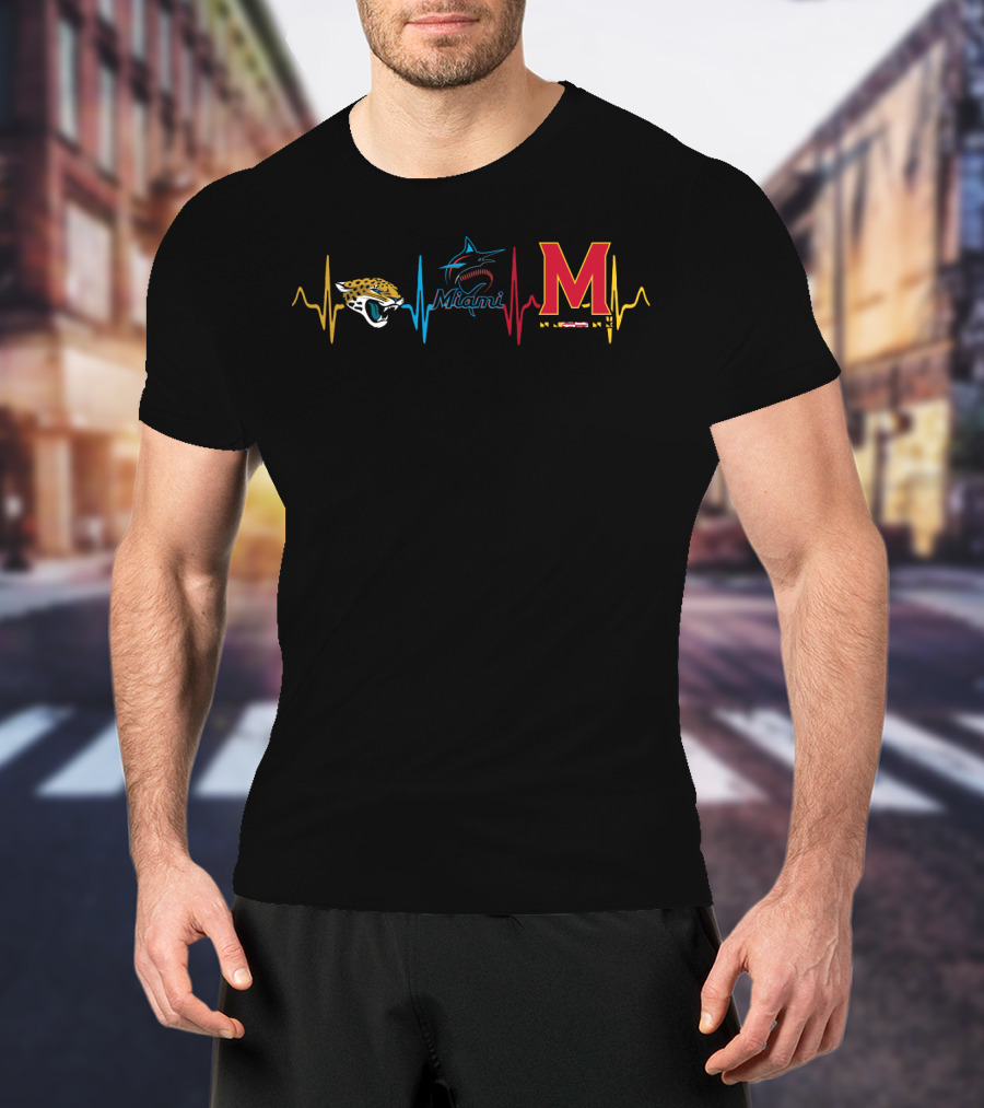 Love Jaguars Miami Marlins Maryland Terrapins Heartbeat T-Shirt