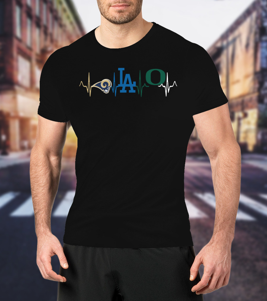 Love Rams With Dodgers And Oregon Ducks Heartbeat T-Shirt