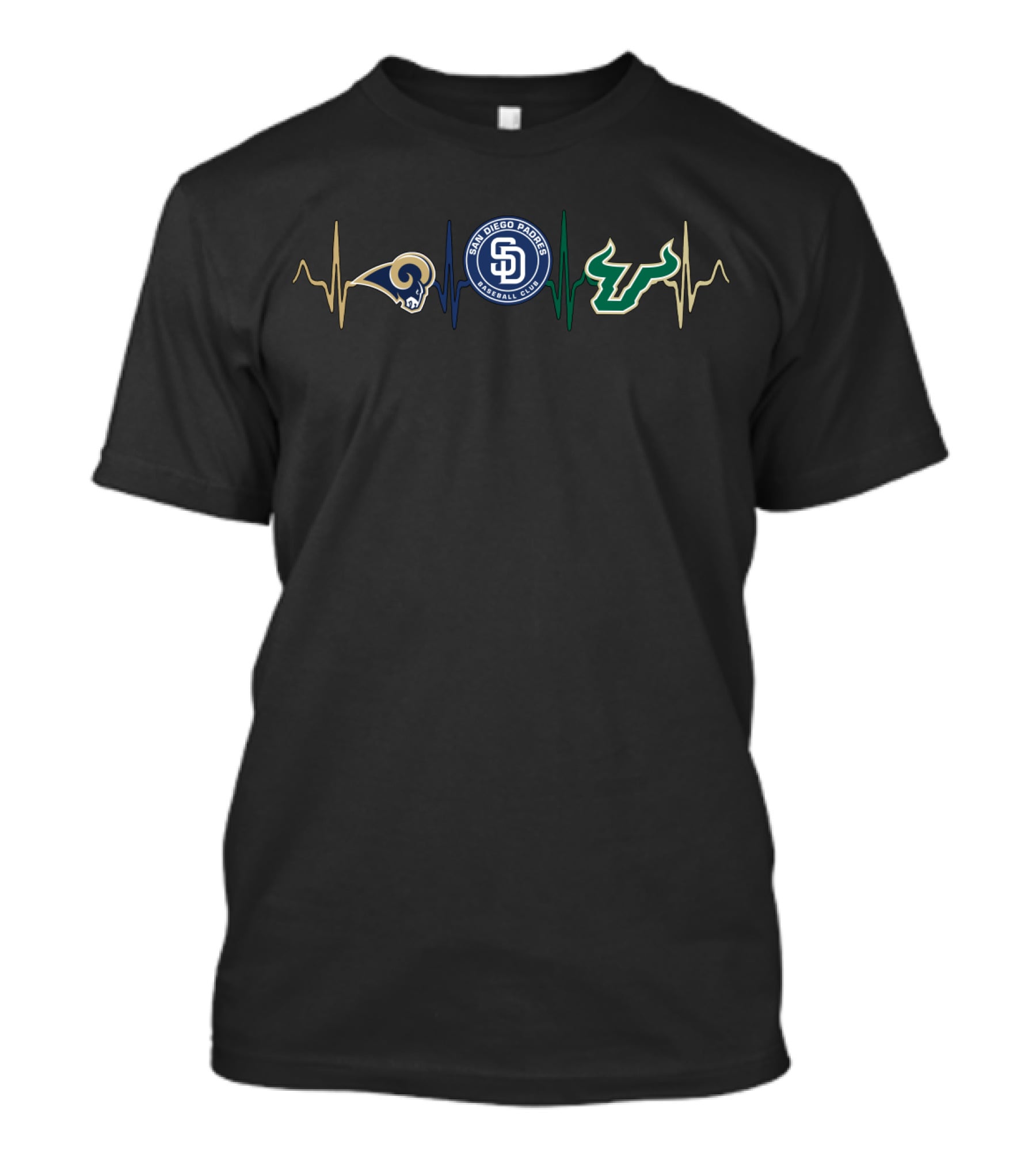Love Rams San Diego Padres South Florida Bulls Heartbeat T-Shirt