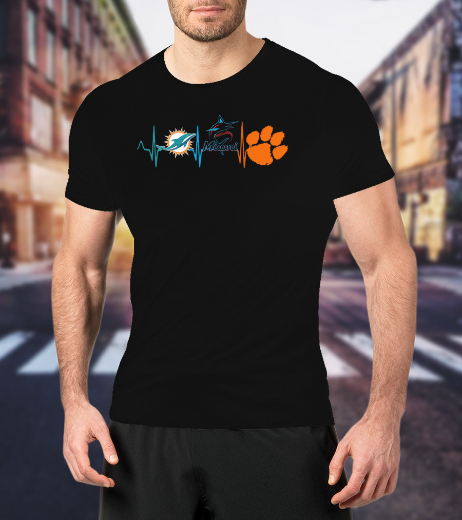 Miami Dolphins Miami Marlins Heartbeat Clemson Tigers Paw T-Shirt