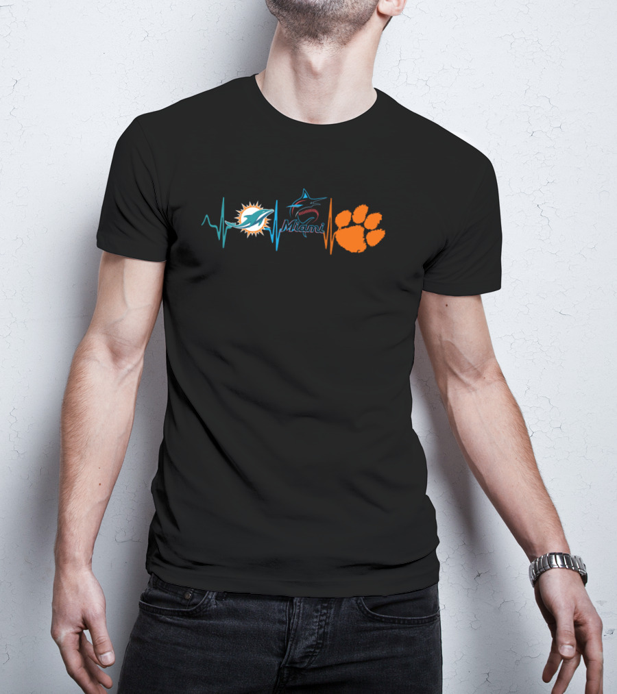 Miami Dolphins Miami Marlins Heartbeat Clemson Tigers Paw T-Shirt