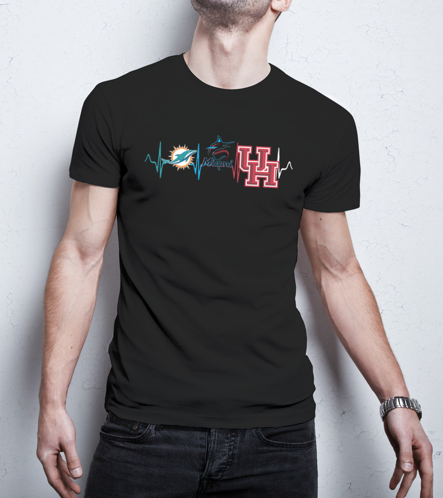 Miami Dolphins Marlins Houston Cougars Heartbeat T-Shirt