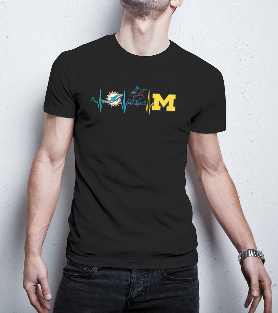 Miami Dolphins Marlins Michigan Wolverines Mw Heartbeat T-Shirt