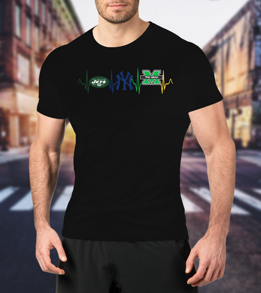 New York Jets Yankees Marshall Thundering Herd Heartbeat T-Shirt