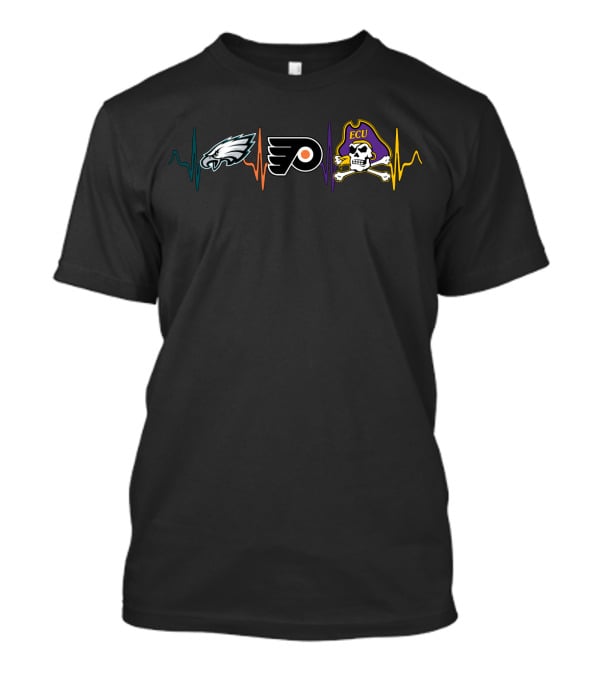 Love Philadelphia Eagles Flyers Ecu Pirates Heartbeat T-Shirt