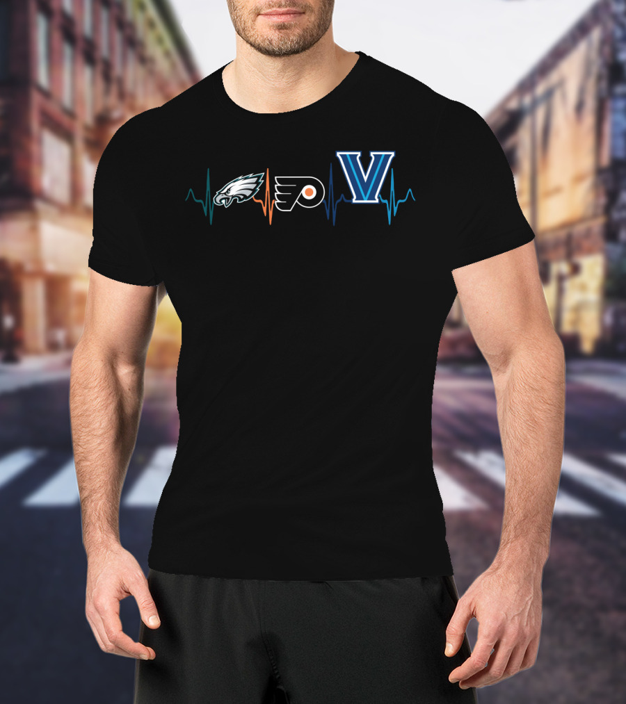 Philadelphia Eagles Flyers Villanova Wildcats Heartbeat T-Shirt