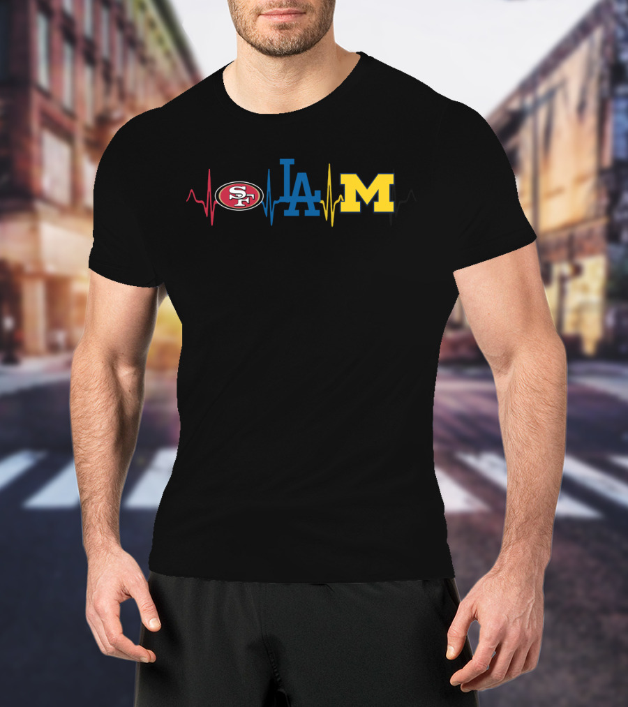 Love 49ers Dodgers Michigan Wolverines Logos Heartbeat T-Shirt