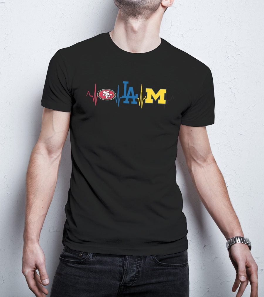 Love 49ers Dodgers Michigan Wolverines Logos Heartbeat T-Shirt