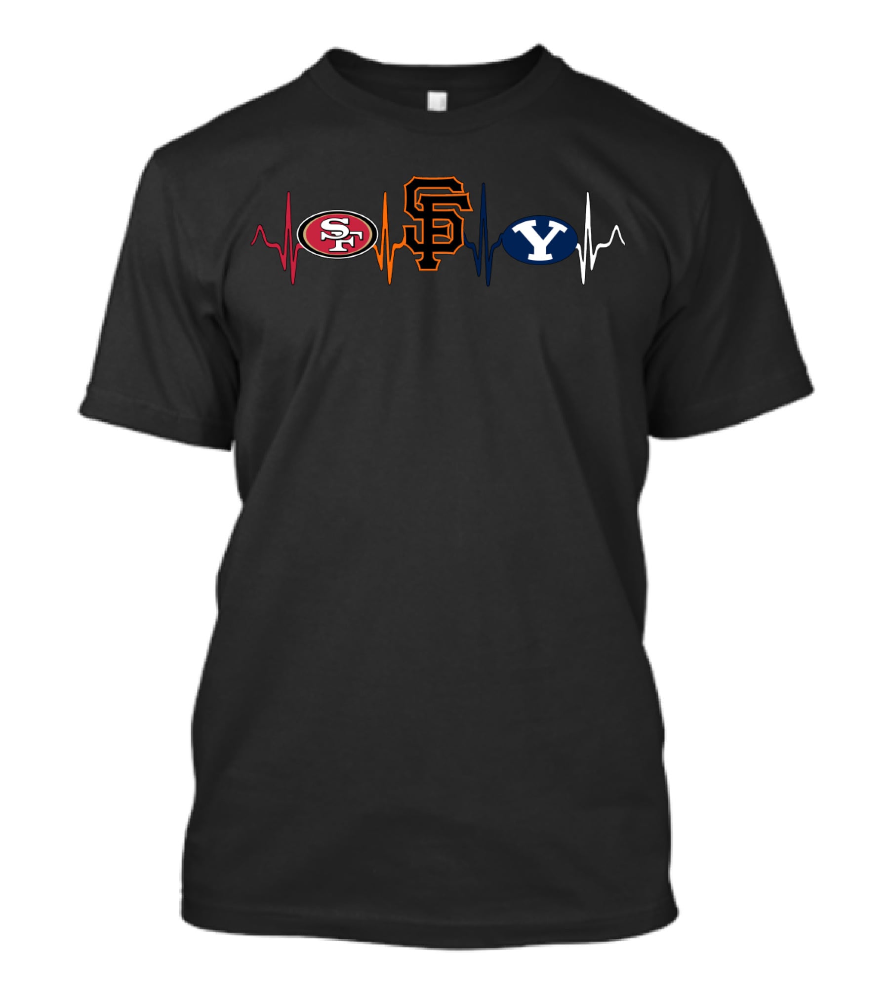 Love 49ers Giants Byu Logos With Heartbeat T-Shirt