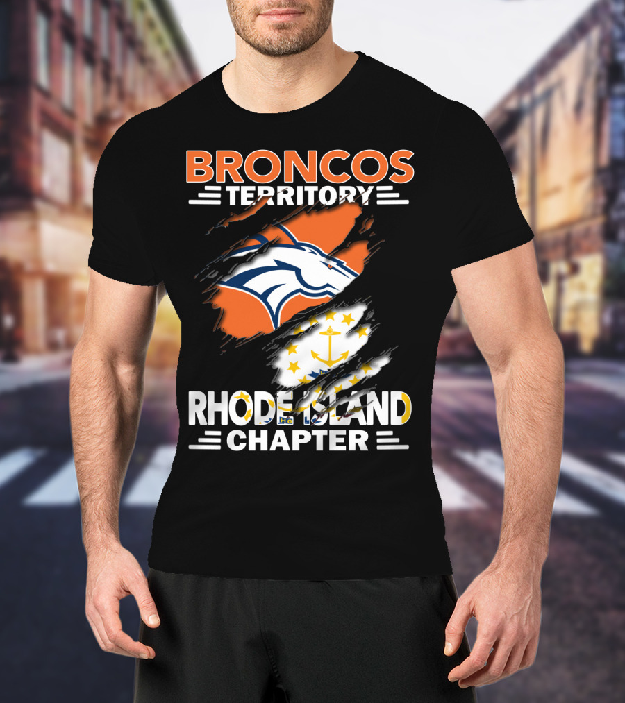 Broncos Territory Rhode Island Chapter Logo With Ripped Flag T-Shirt