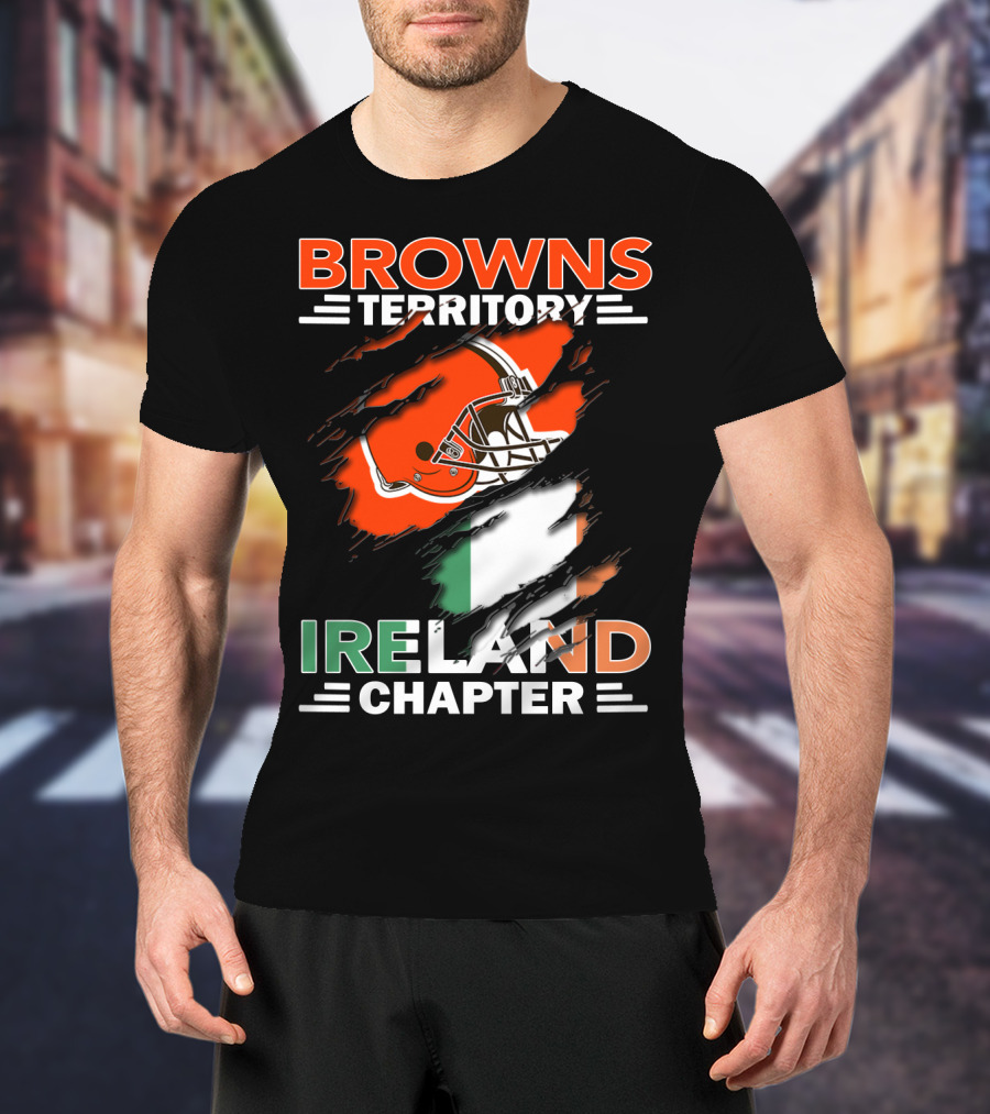 Browns Territory Ireland Chapter Helmet And Irish Flag Background T-Shirt