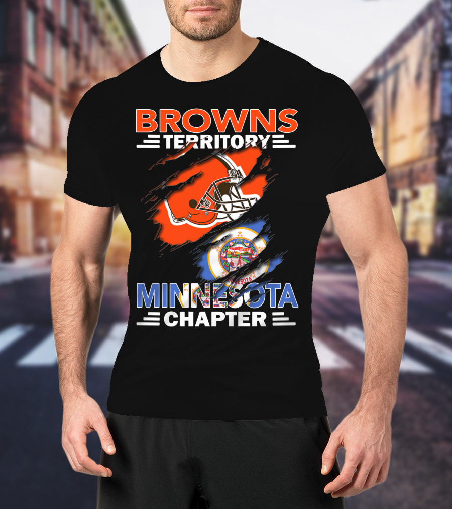 Browns Territory Minnesota Chapter Football Helmet And State Emblem Orange Black Blue Bar Logo Team Flag T-Shirt