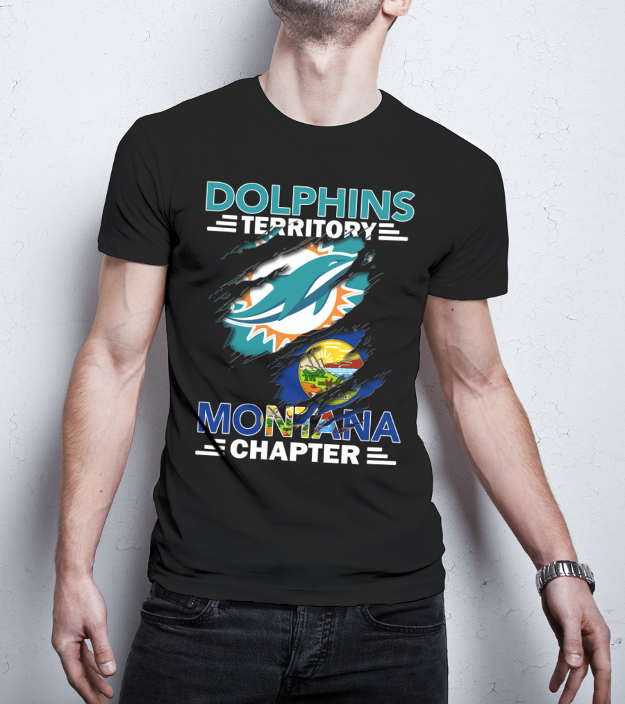 Dolphins Territory Montana Chapter Miami Dolphins Logo With Montana State Flag T-Shirt