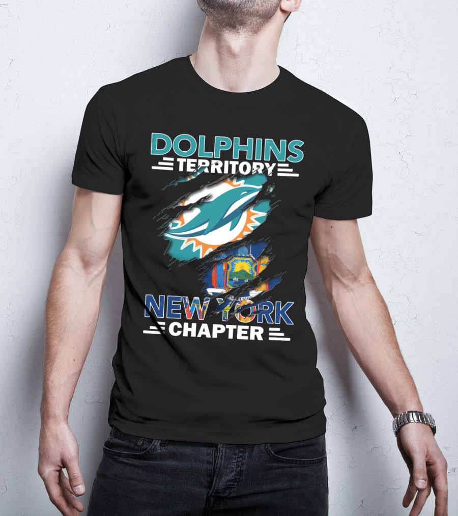 Dolphins Territory New York Chapter Miami Dolphins New York State Flag T-Shirt