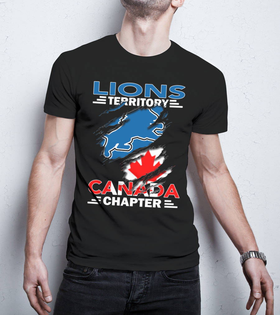 Lions Territory Canada Chapter Blue Lion Silhouette Red Maple Leaf T-Shirt