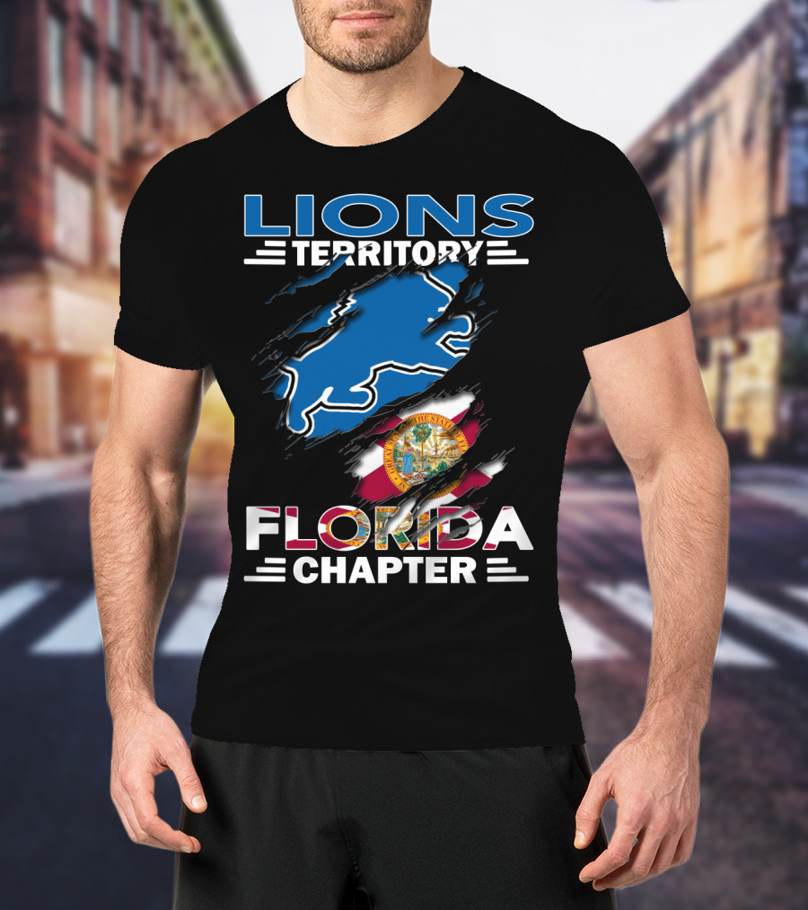 Lions Territory Florida Chapter Blue Lion Outline With Florida State Flag Tear T-Shirt