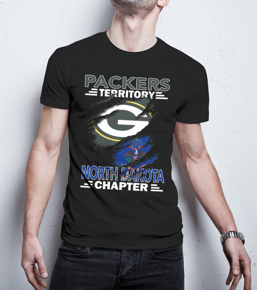 Packers Territory North Dakota Chapter Torn Green Bay G Logo And State Flag T-Shirt
