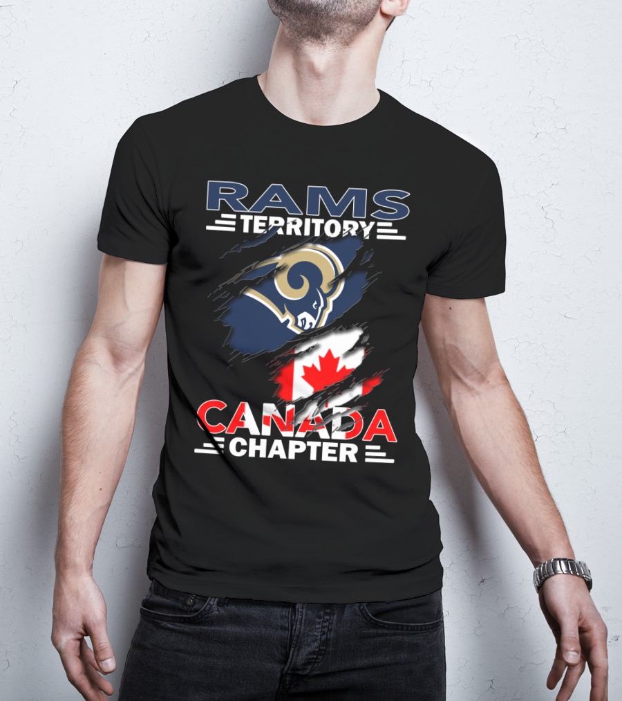 Rams Territory Canada Chapter Logo With Rams And Canadian Flag Elements T-Shirt