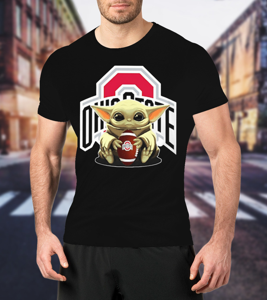 Baby Yoda Holding Ohio State Buckeyes Football T-Shirt