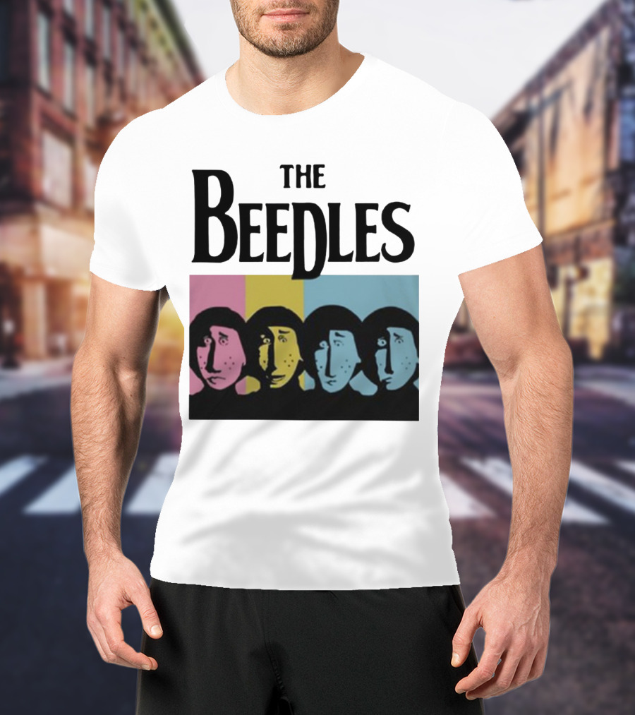 The Beedles Cartoon Pop Art Faces In Pink Yellow Blue T-Shirt