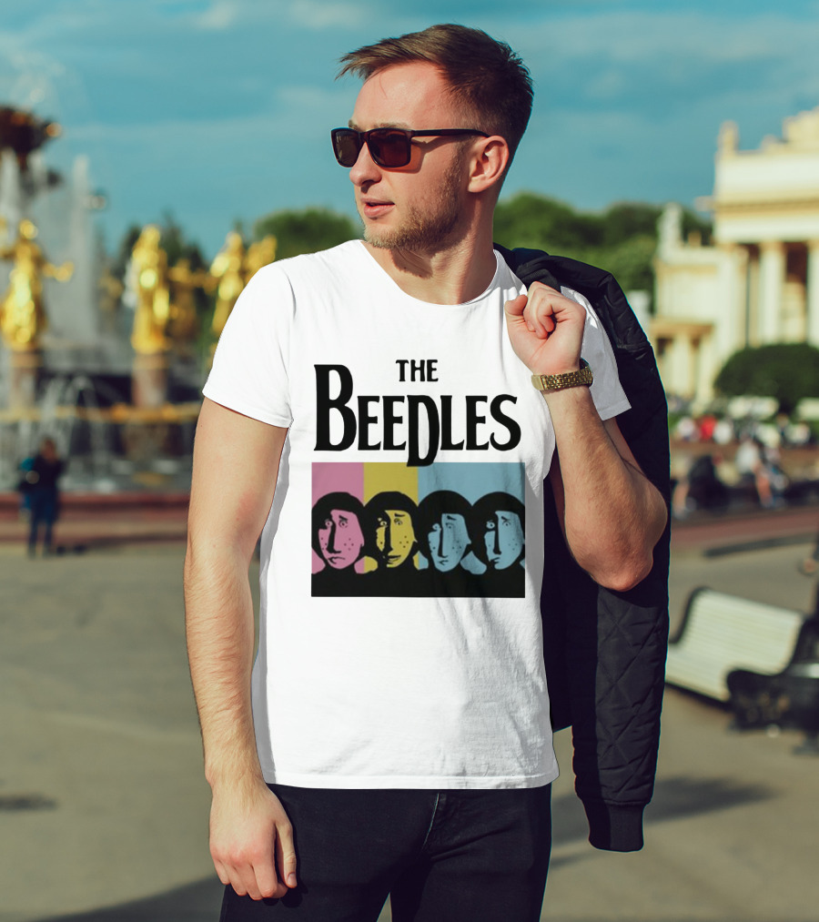 The Beedles Cartoon Pop Art Faces In Pink Yellow Blue T-Shirt