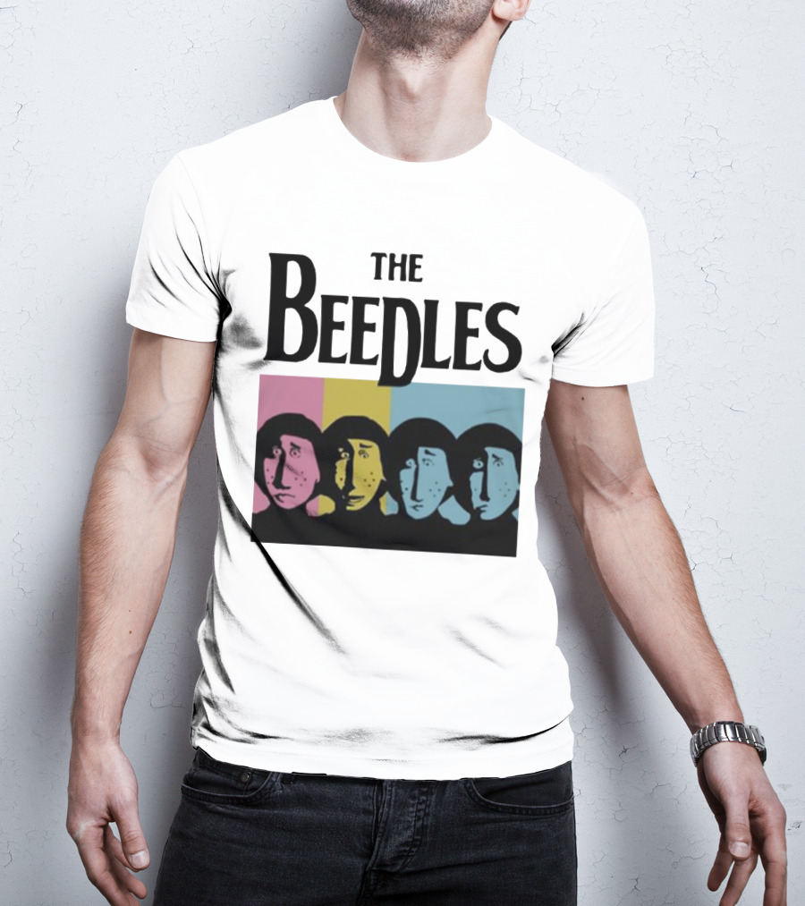 The Beedles Cartoon Pop Art Faces In Pink Yellow Blue T-Shirt