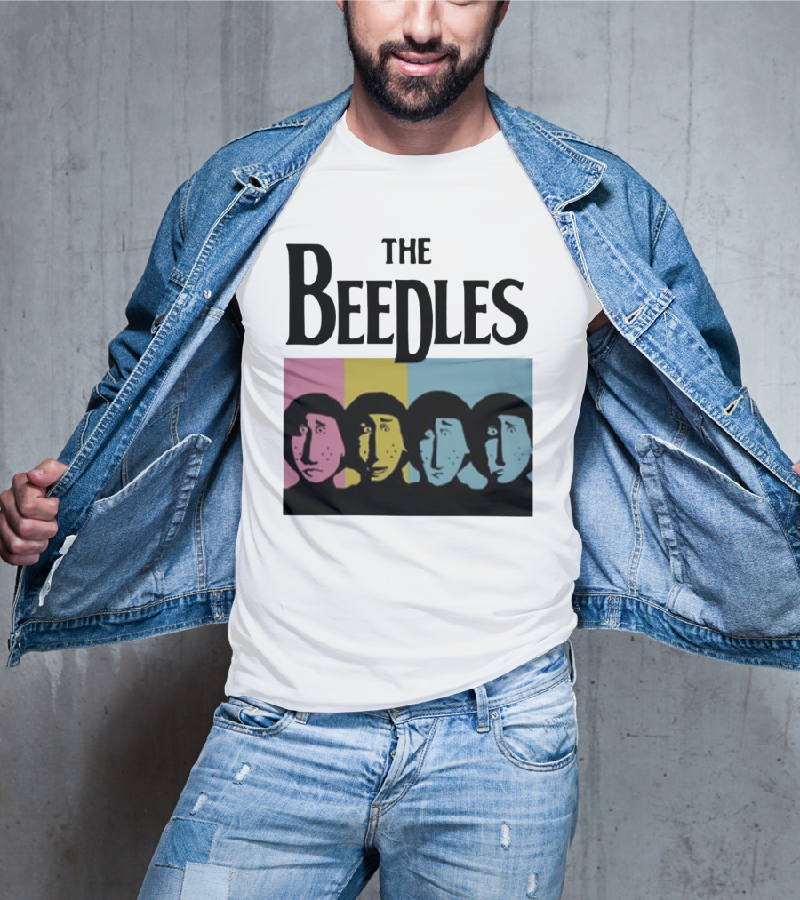 The Beedles Cartoon Pop Art Faces In Pink Yellow Blue T-Shirt