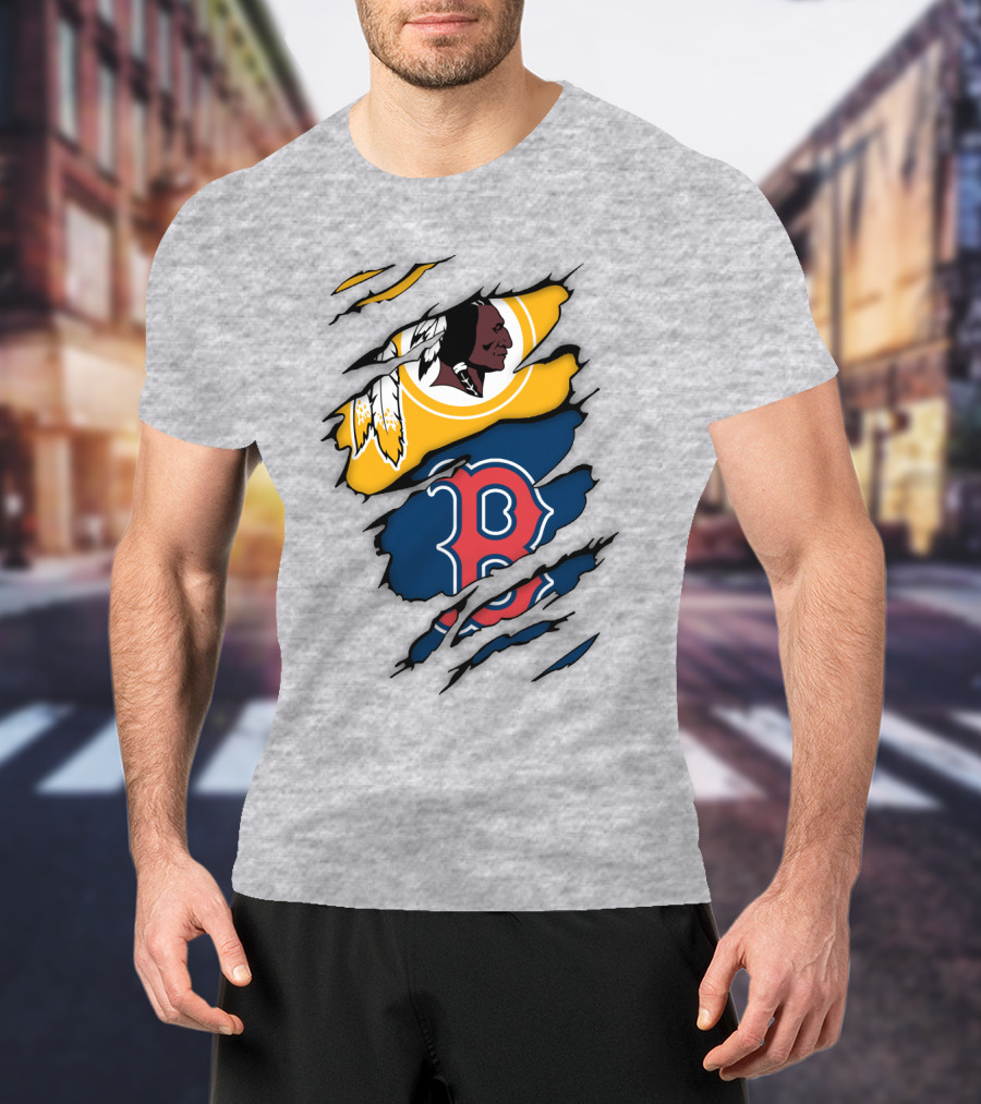 Washington Redskins Boston Red Sox Logos Dual Ripped T-Shirt