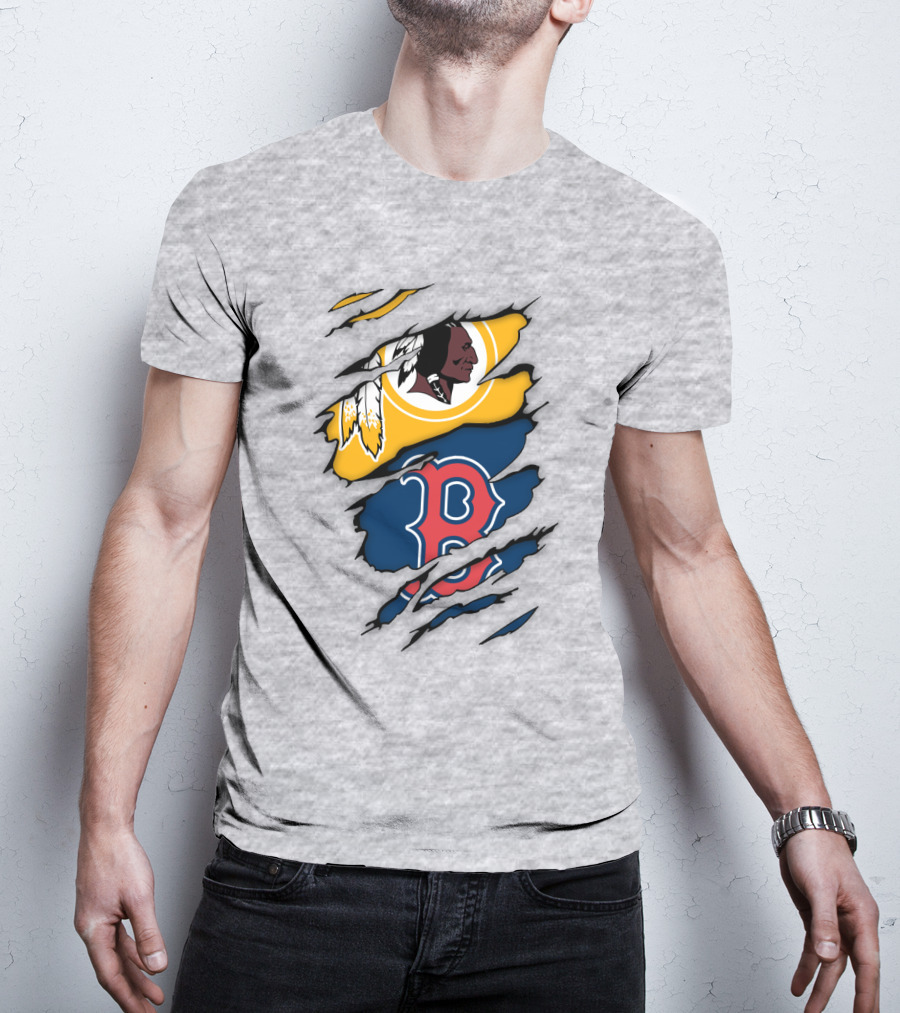 Washington Redskins Boston Red Sox Logos Dual Ripped T-Shirt