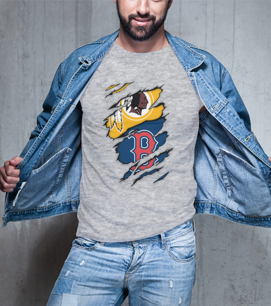 Washington Redskins Boston Red Sox Logos Dual Ripped T-Shirt