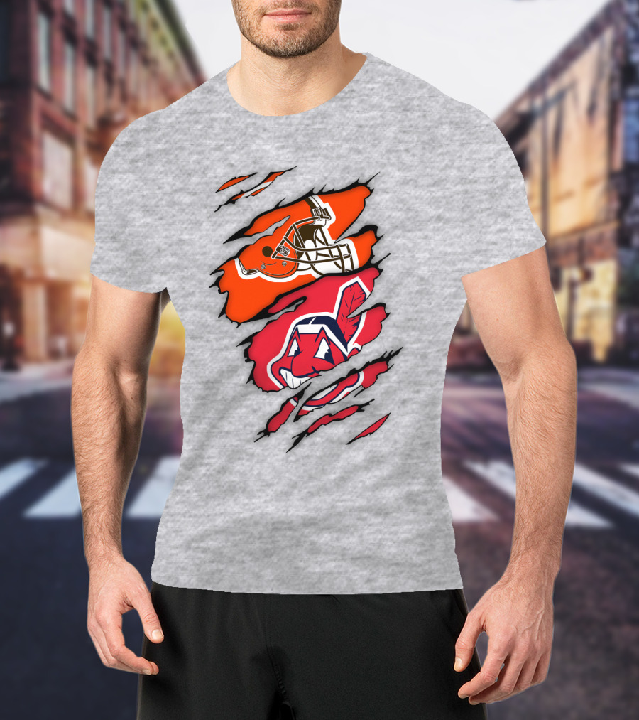 Cleveland Indians Browns Football Helmet Chief Wahoo Torn Rip T-Shirt