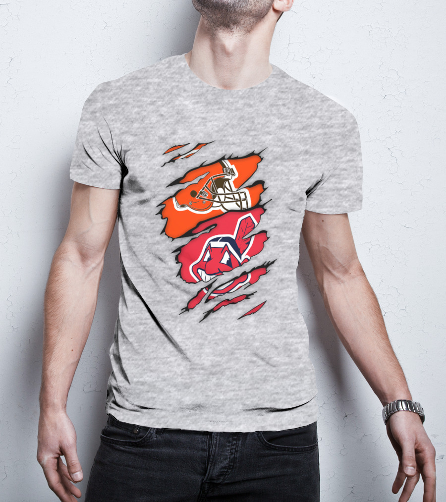 Cleveland Indians Browns Football Helmet Chief Wahoo Torn Rip T-Shirt