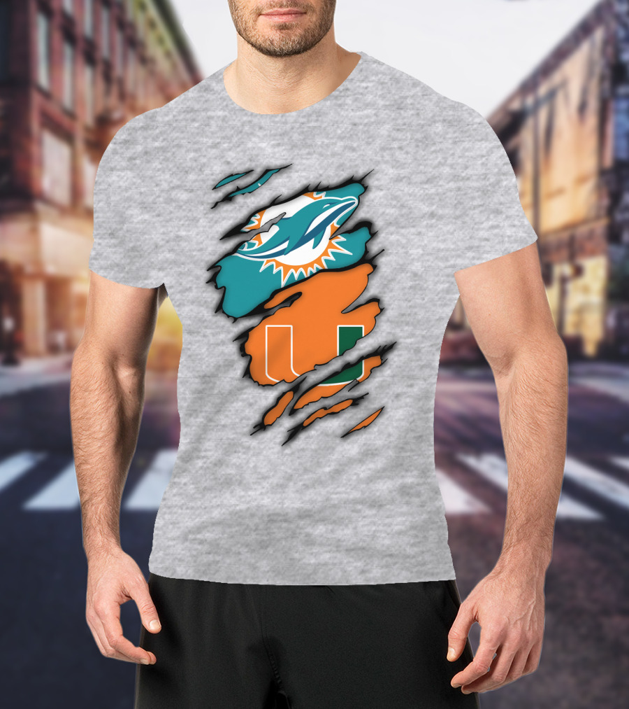Miami Hurricanes Miami Dolphins Logo Design Claw Mark Style T-Shirt
