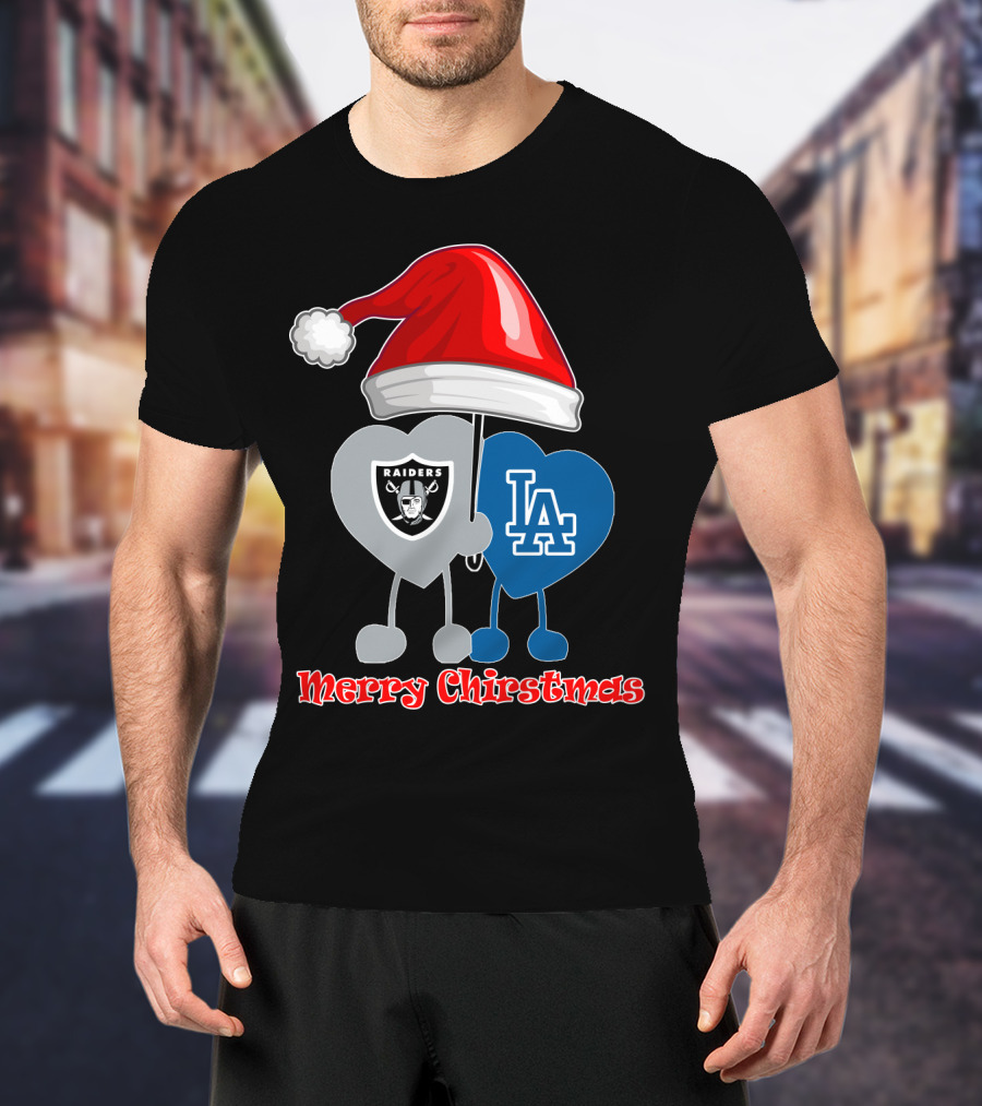 Merry Christmas Los Angeles Dodgers Oakland Raiders Santa Hat T-Shirt