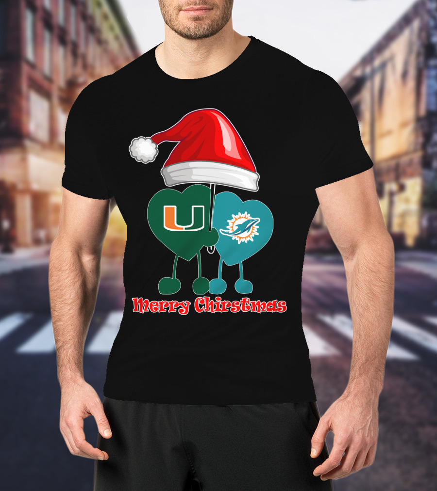 Merry Christmas Miami Dolphins Miami Hurricanes Santa Hat Hearts T-Shirt