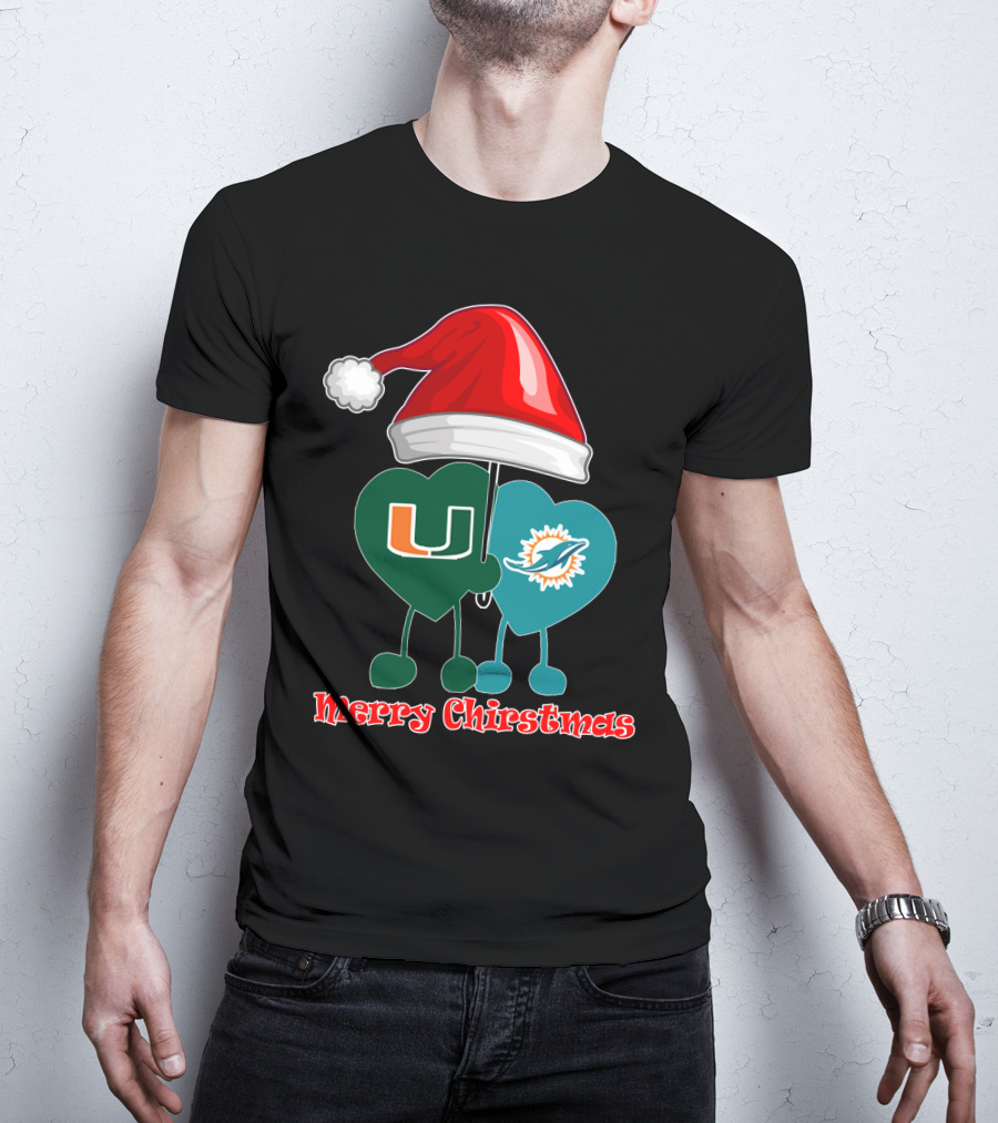 Merry Christmas Miami Dolphins Miami Hurricanes Santa Hat Hearts T-Shirt