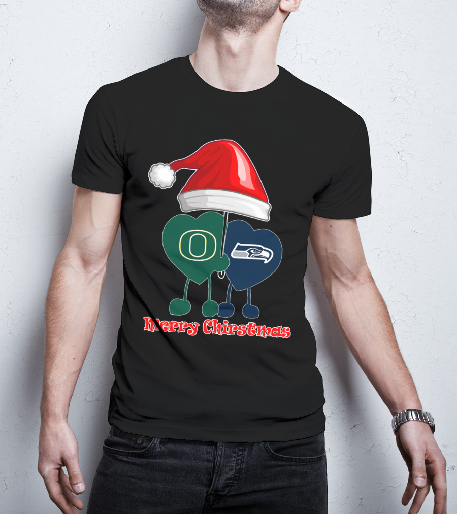 Merry Christmas Oregon Seattle Seahawks Holiday Hat Hearts T-Shirt