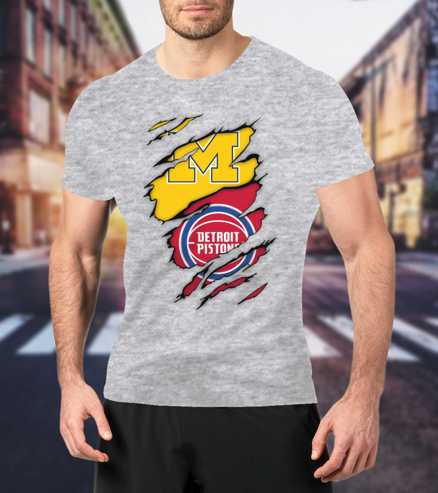 Detroit Pistons Michigan Wolverines Team Logo Mashup T-Shirt