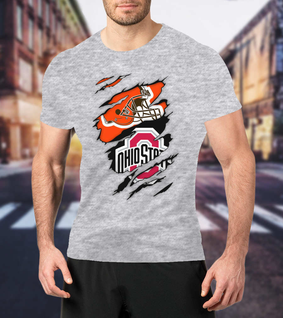 Cleveland Browns Helmet And Ohio State Buckeyes Logo Ripped T-Shirt