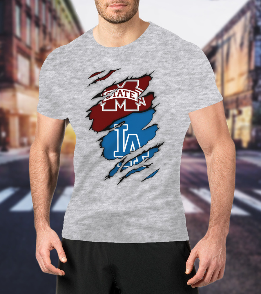 Los Angeles Dodgers LA Mississippi State MS State Torn Effect T-Shirt