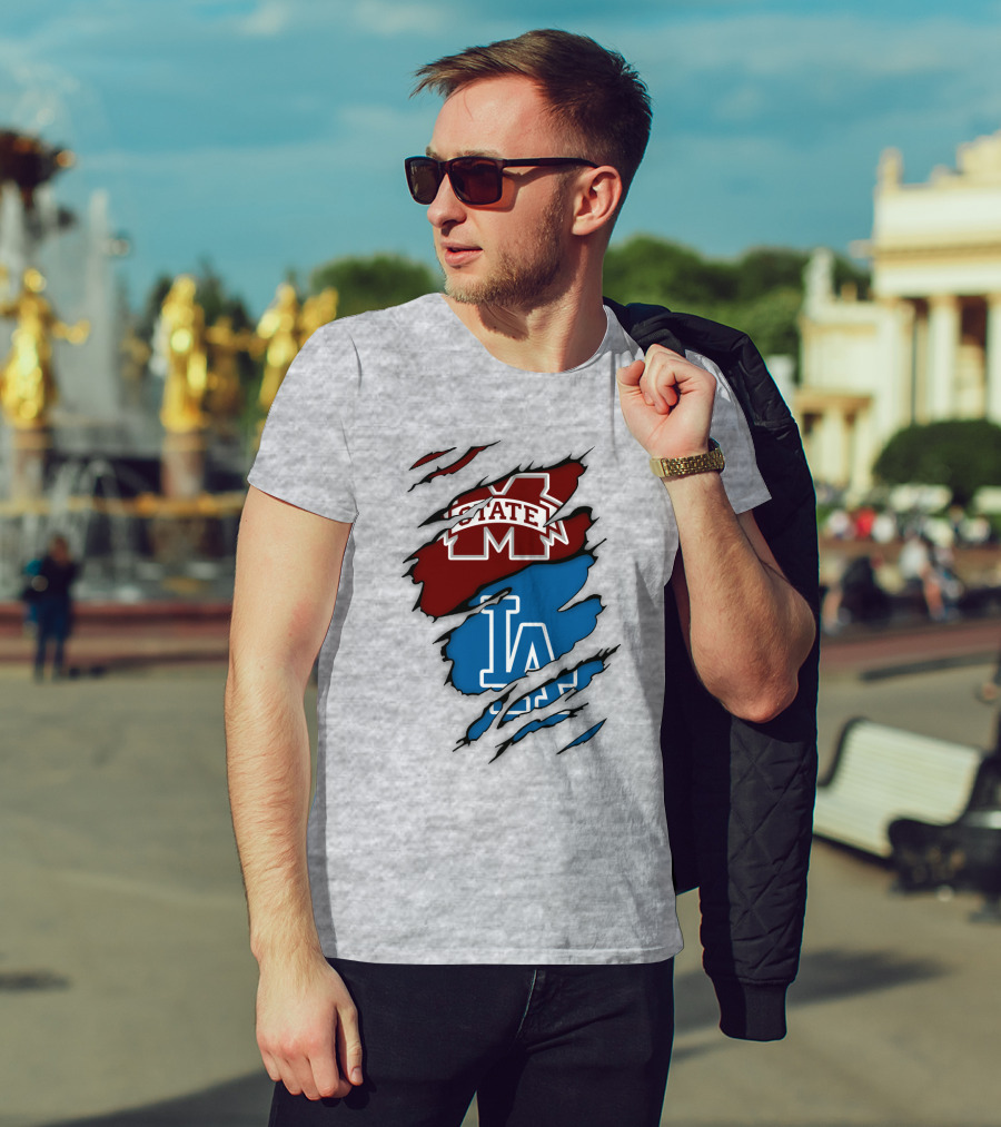 Los Angeles Dodgers LA Mississippi State MS State Torn Effect T-Shirt