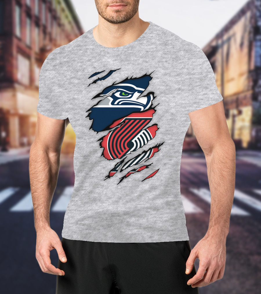 Portland Trail Blazers Seattle Seahawks Ripped Logo Fusion T-Shirt