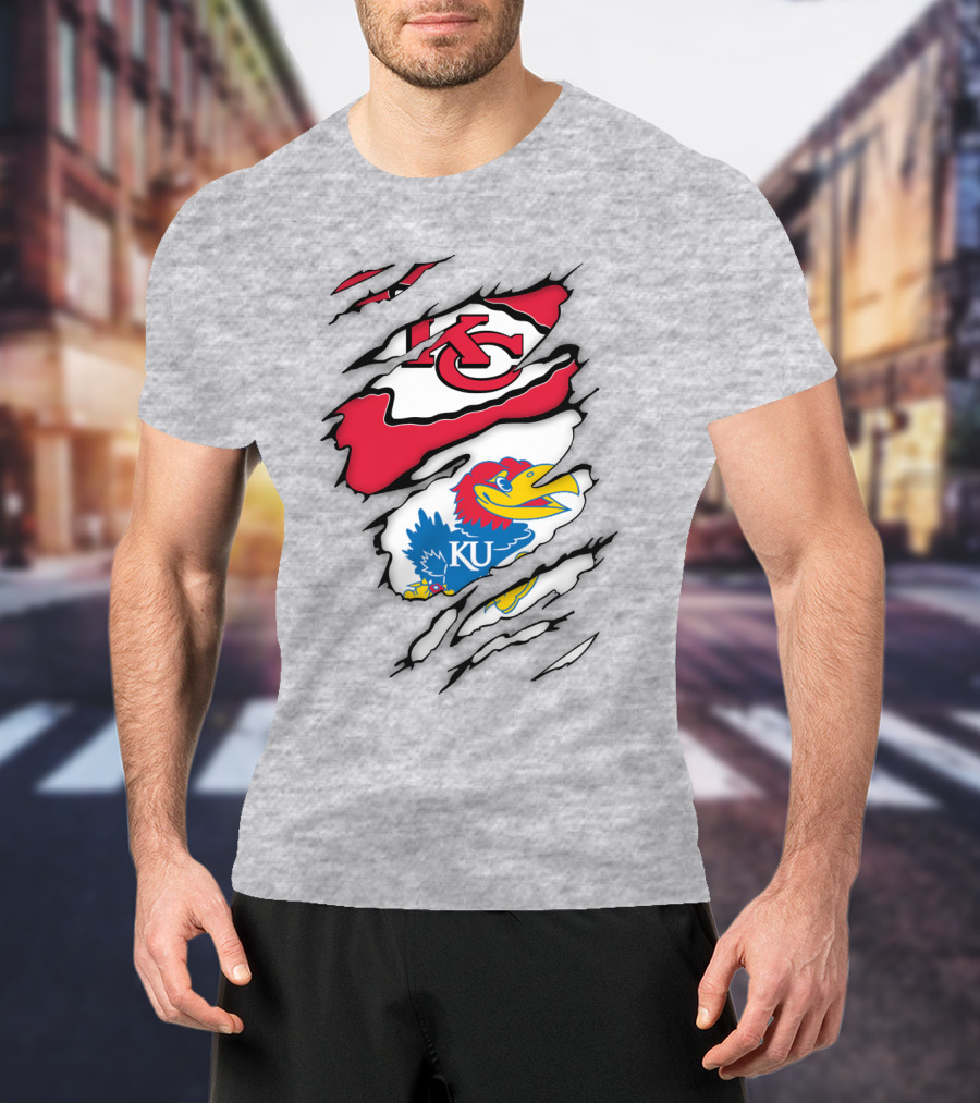 Kansas City Chiefs And Ku Jayhawks Logos Torn T-Shirt