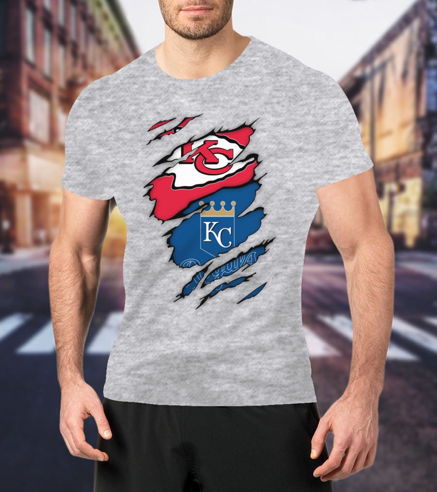 Kansas City Royals Kc And Kansas City Chiefs Arrowhead Red Blue Logo Fusion T-Shirt