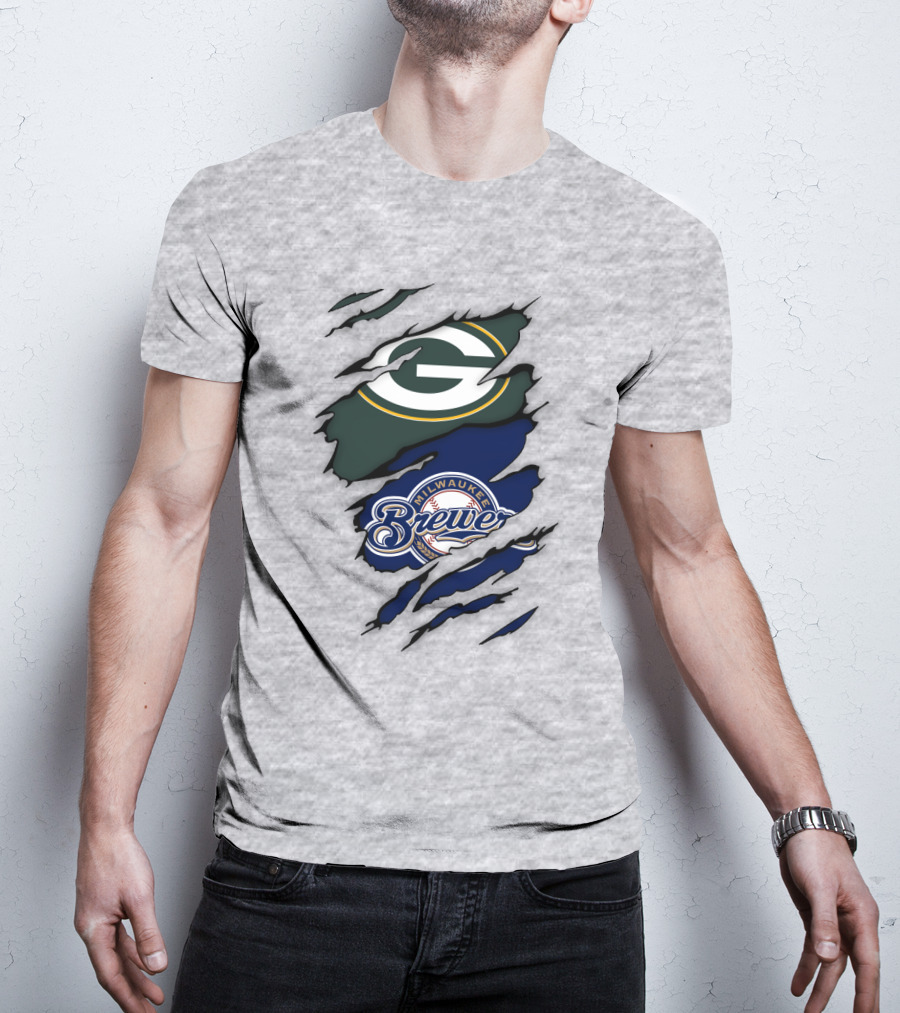 Milwaukee Brewers Green Bay Packers Logos Claw Marks T-Shirt