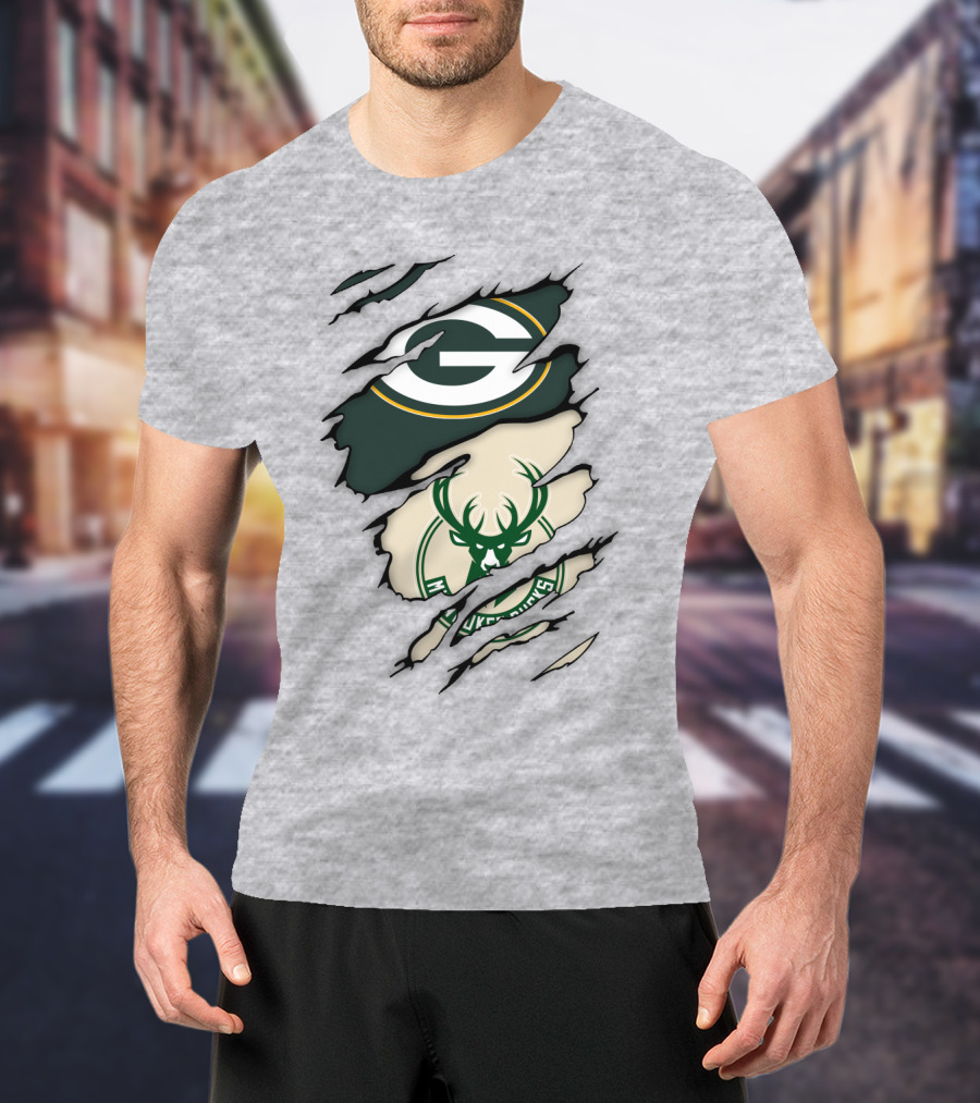 Green Bay Packers Milwaukee Bucks Ripped Reveal Logo Fusion T-Shirt