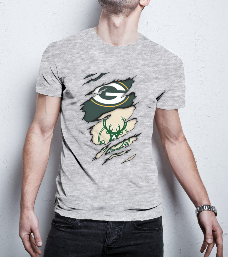 Green Bay Packers Milwaukee Bucks Ripped Reveal Logo Fusion T-Shirt