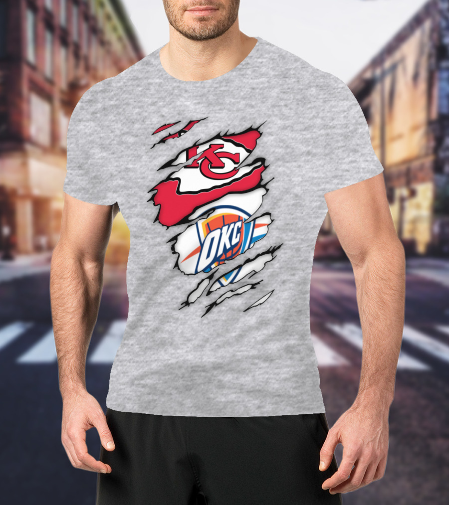 Kansas City Chiefs Okc Thunder Logos Overlapping Sports Crossover T-Shirt